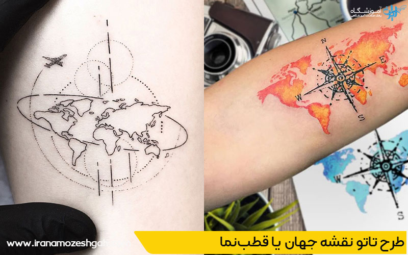 طرح تاتو نقشه جهان یا قطبنما